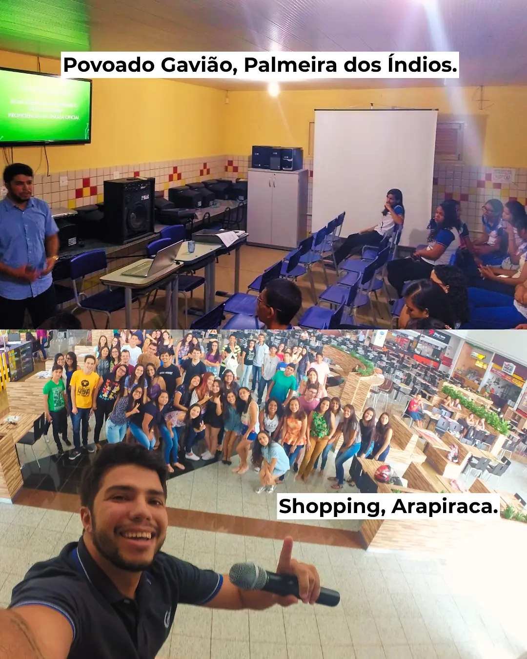 Dois registros de Eliédson com estudantes no Povoado Gavião e em um shopping de Arapiraca